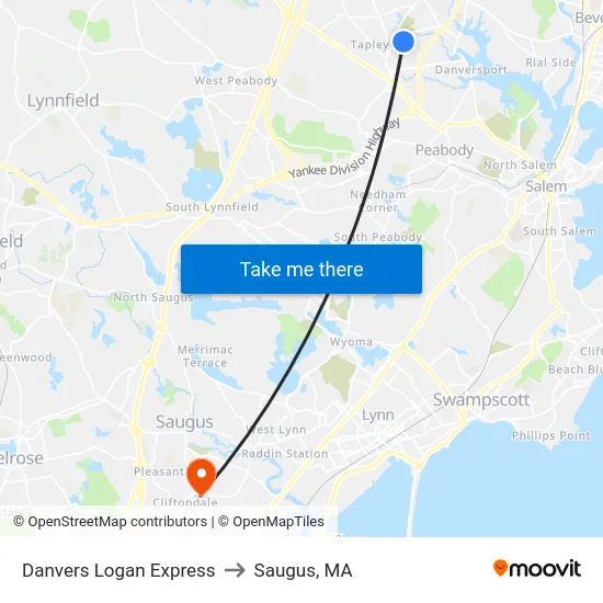 Danvers Logan Express to Saugus, MA map