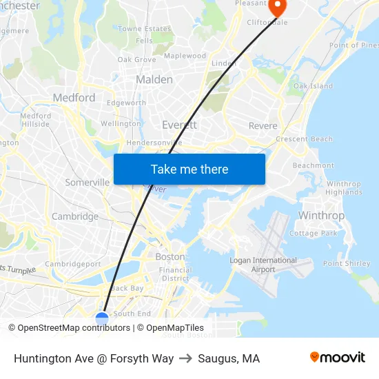 Huntington Ave @ Forsyth Way to Saugus, MA map
