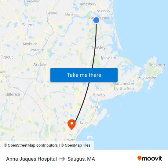 Anna Jaques Hospital to Saugus, MA map