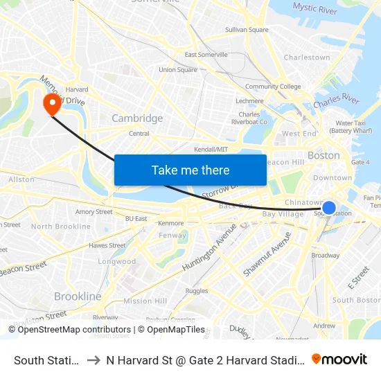 South Station to N Harvard St @ Gate 2 Harvard Stadium map