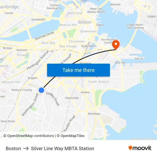 Boston to Silver Line Way MBTA Station map