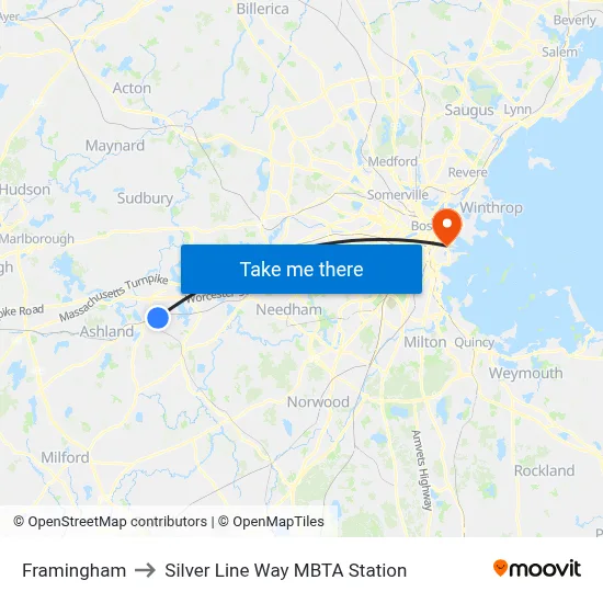 Framingham to Silver Line Way MBTA Station map