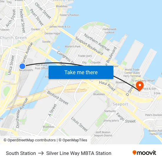 South Station to Silver Line Way MBTA Station map