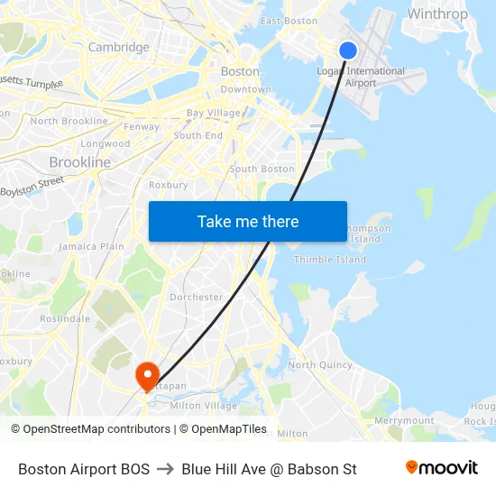 Boston Airport BOS to Blue Hill Ave @ Babson St map