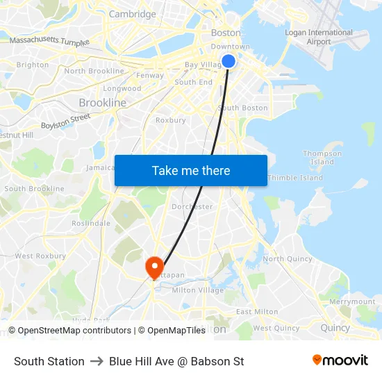 South Station to Blue Hill Ave @ Babson St map