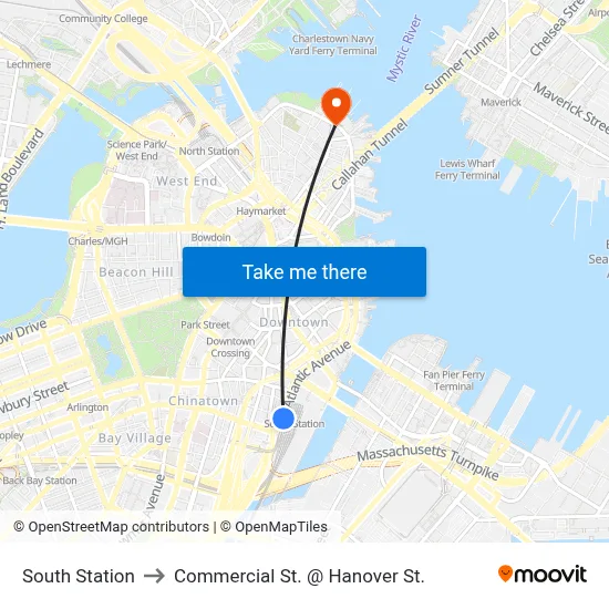 South Station to Commercial St. @ Hanover St. map