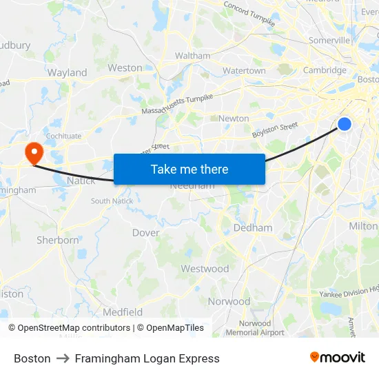 Boston to Framingham Logan Express map