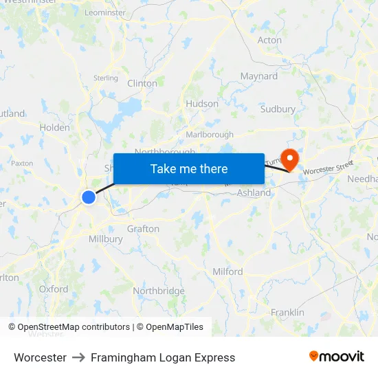 Worcester to Framingham Logan Express map