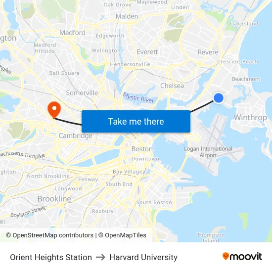 Orient Heights Station to Harvard University map