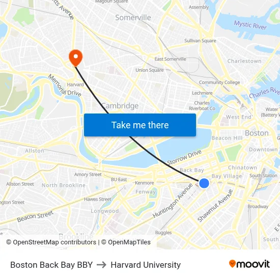 Boston Back Bay BBY to Harvard University map