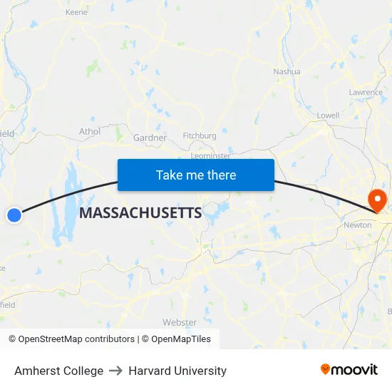 Amherst College to Harvard University map