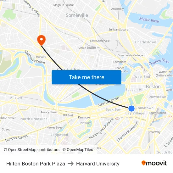 Hilton Boston Park Plaza to Harvard University map