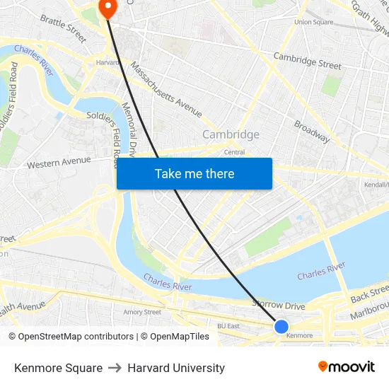 Kenmore Square to Harvard University map