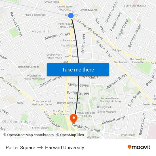 Porter Square to Harvard University map