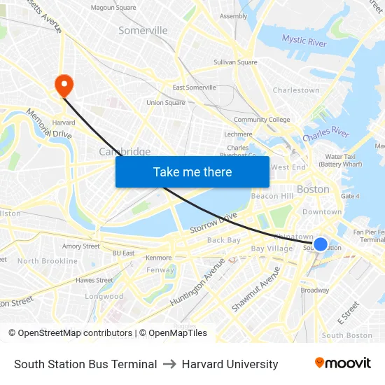 South Station Bus Terminal to Harvard University map