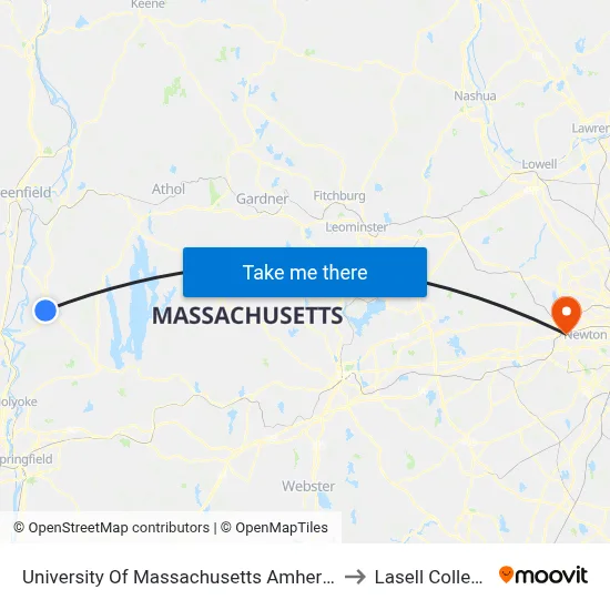 University Of Massachusetts Amherst to Lasell College map