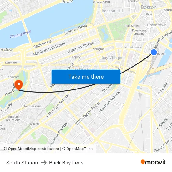 South Station to Back Bay Fens map
