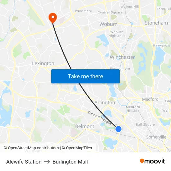 Alewife Station to Burlington Mall map