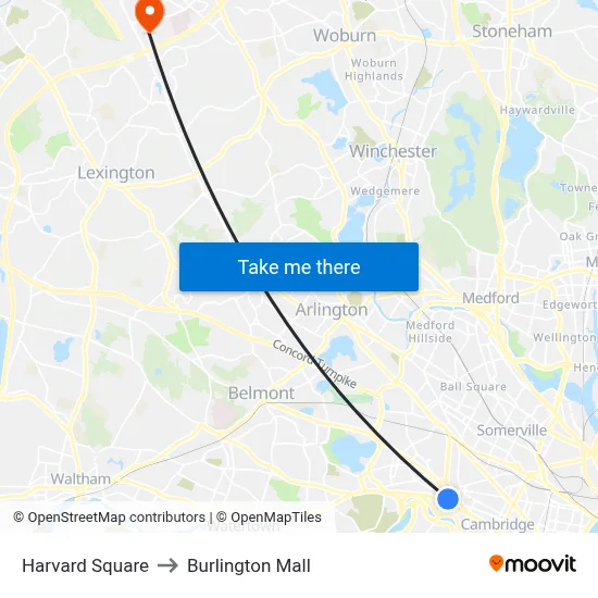 Harvard Square to Burlington Mall map