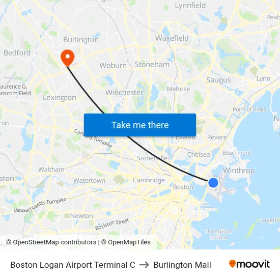 Boston Logan Airport Terminal C to Burlington Mall map