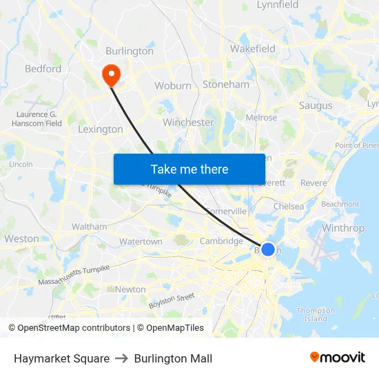 Haymarket Square to Burlington Mall map