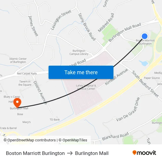 Boston Marriott Burlington to Burlington Mall map