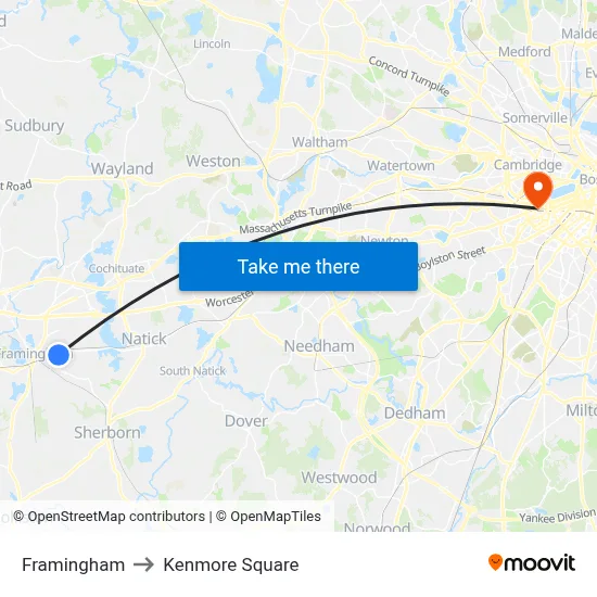 Framingham to Kenmore Square map