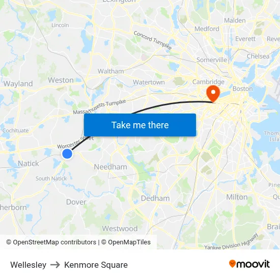 Wellesley to Kenmore Square map