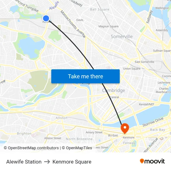 Alewife Station to Kenmore Square map