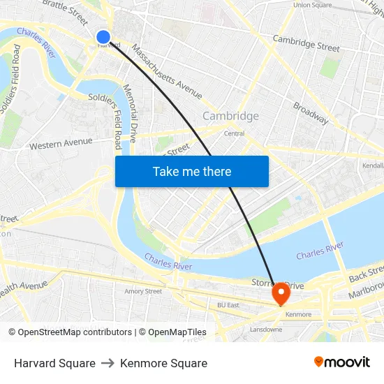 Harvard Square to Kenmore Square map