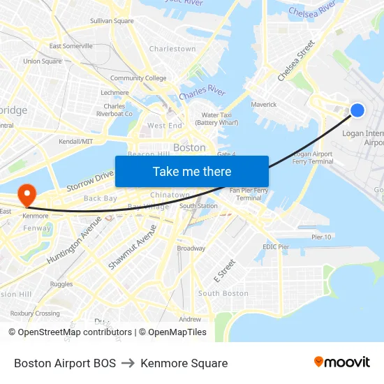 Boston Airport BOS to Kenmore Square map