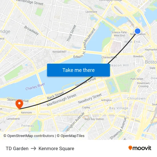 TD Garden to Kenmore Square map