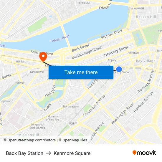 Back Bay Station to Kenmore Square map