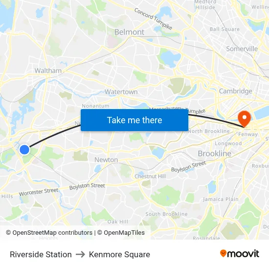 Riverside Station to Kenmore Square map