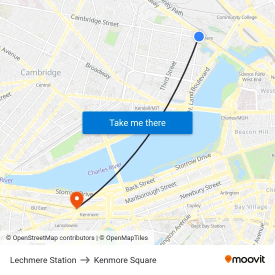 Lechmere Station to Kenmore Square map