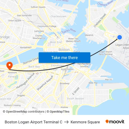 Boston Logan Airport Terminal C to Kenmore Square map
