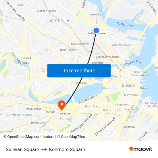 Sullivan Square to Kenmore Square map