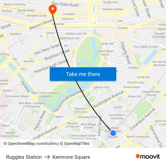 Ruggles Station to Kenmore Square map