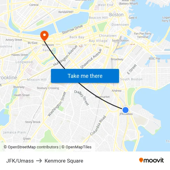 JFK/Umass to Kenmore Square map