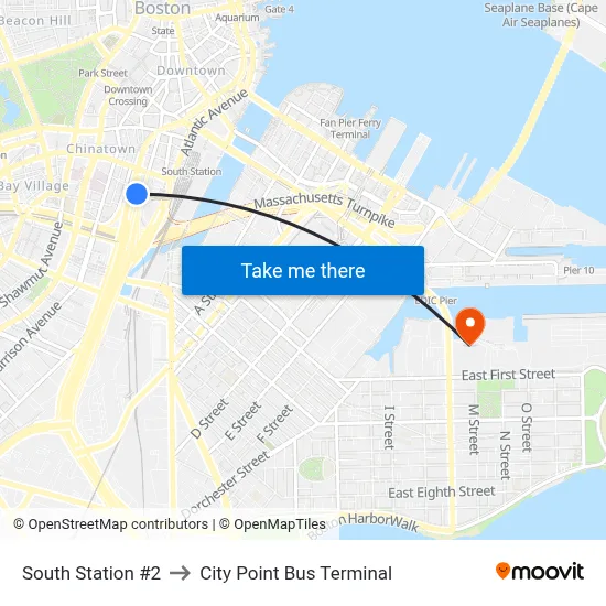 South Station #2 to City Point Bus Terminal map
