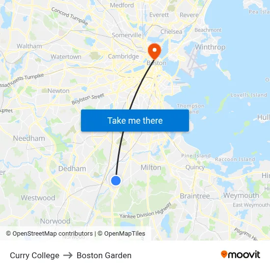 Curry College to Boston Garden map