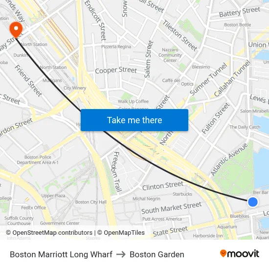 Boston Marriott Long Wharf to Boston Garden map