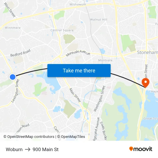 Woburn to 900 Main St map