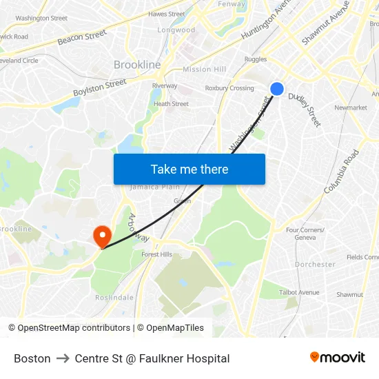 Boston to Centre St @ Faulkner Hospital map