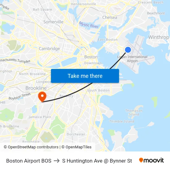 Boston Airport BOS to S Huntington Ave @ Bynner St map