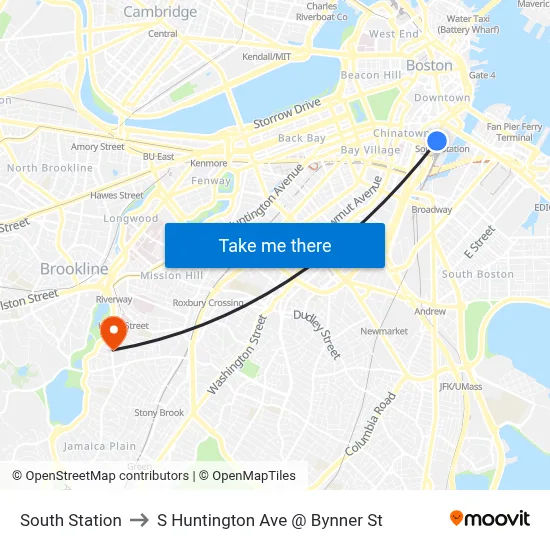 South Station to S Huntington Ave @ Bynner St map