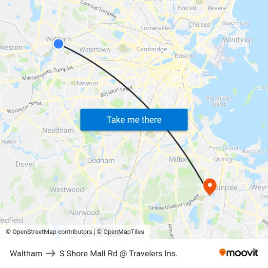 Waltham to S Shore Mall Rd @ Travelers Ins. map