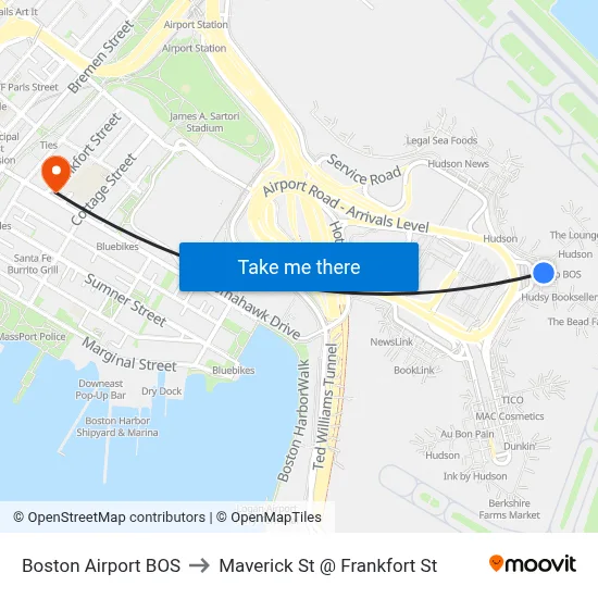 Boston Airport BOS to Maverick St @ Frankfort St map