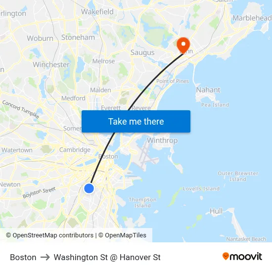 Boston to Washington St @ Hanover St map