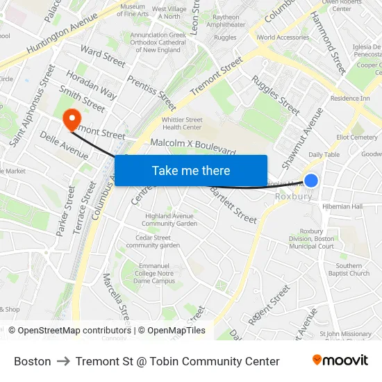 Boston to Tremont St @ Tobin Community Center map